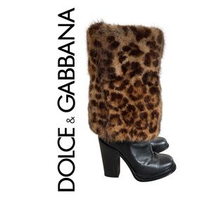 Dolce & Gabbana Black Leather and Brown Leopard Fur Boots